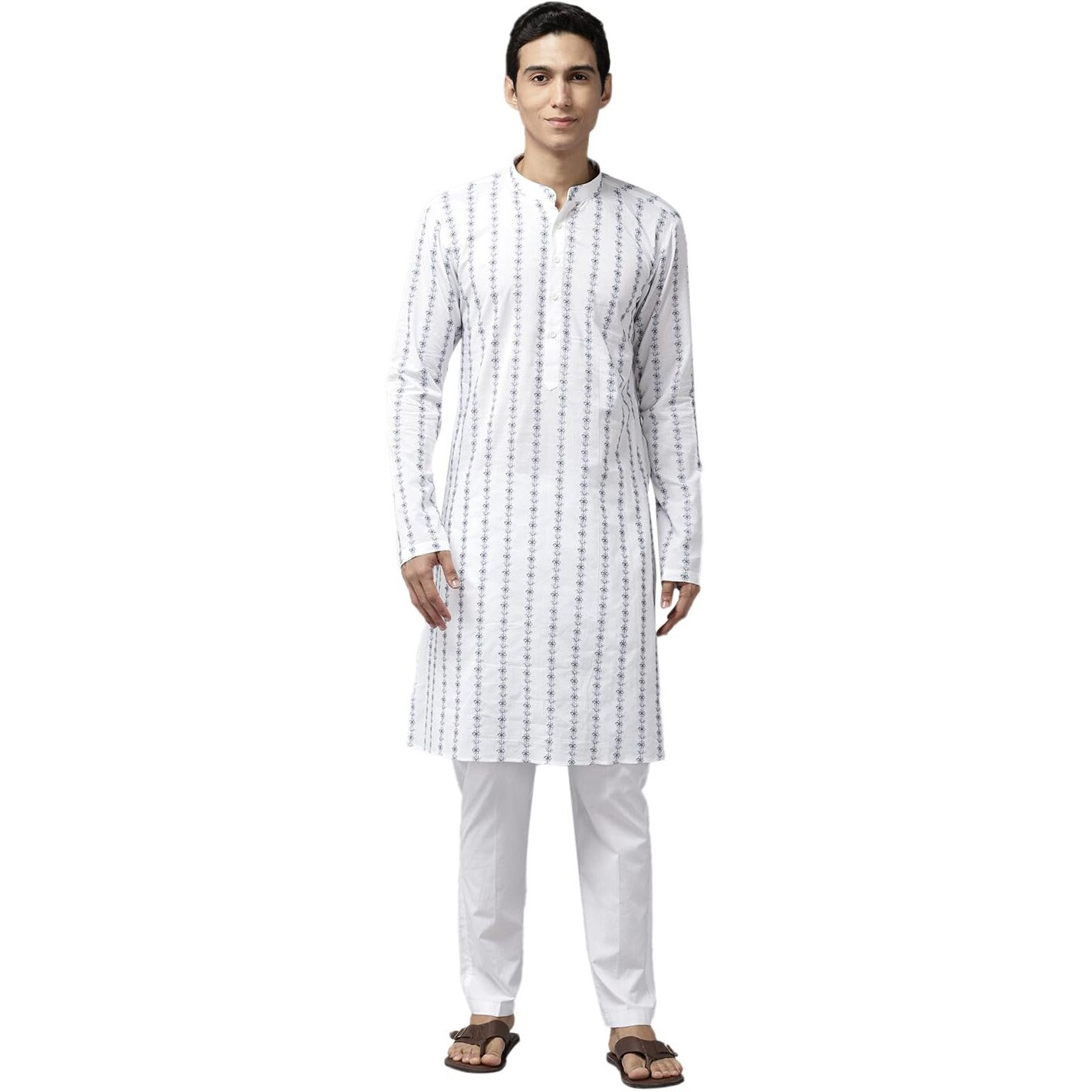 See Designs Men Full Sleeve Side Slit White & Blue Pure Cotton Embroidered Staright Mandarin Collar Kurta - Sd2Mekt_1255Xl