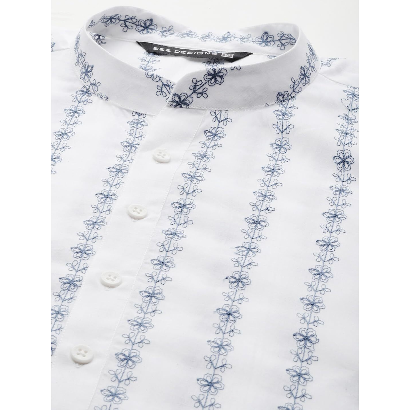 See Designs Men Full Sleeve Side Slit White & Blue Pure Cotton Embroidered Staright Mandarin Collar Kurta - Sd2Mekt_1255Xl
