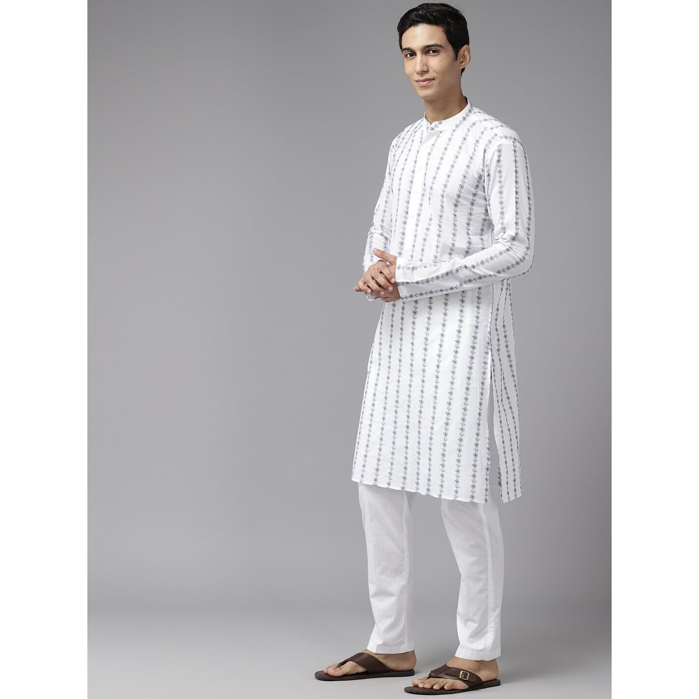 See Designs Men Full Sleeve Side Slit White & Blue Pure Cotton Embroidered Staright Mandarin Collar Kurta - Sd2Mekt_1255Xl