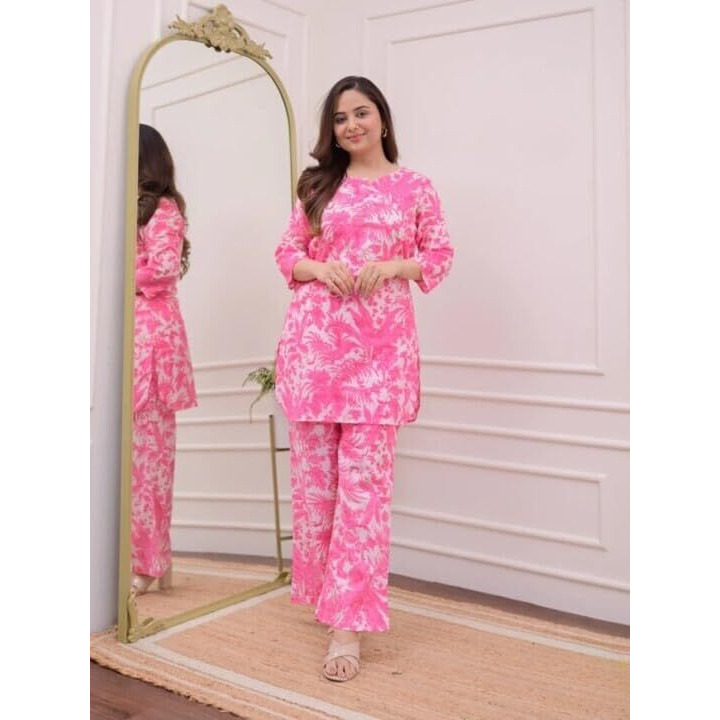 Shiv Textiles Women's Pure Cotton Floral Printed Cord Set(Cord-101-Pink-Xl_Pink)