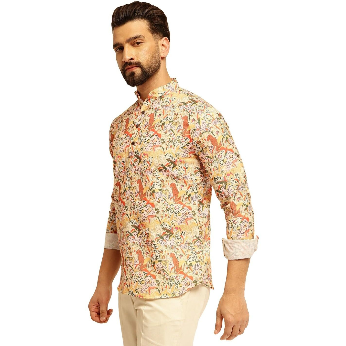 Sojanya (Since 1958 Men's Cotton Linen Kalamkari Printed Multi & Beige Only Short Kurta