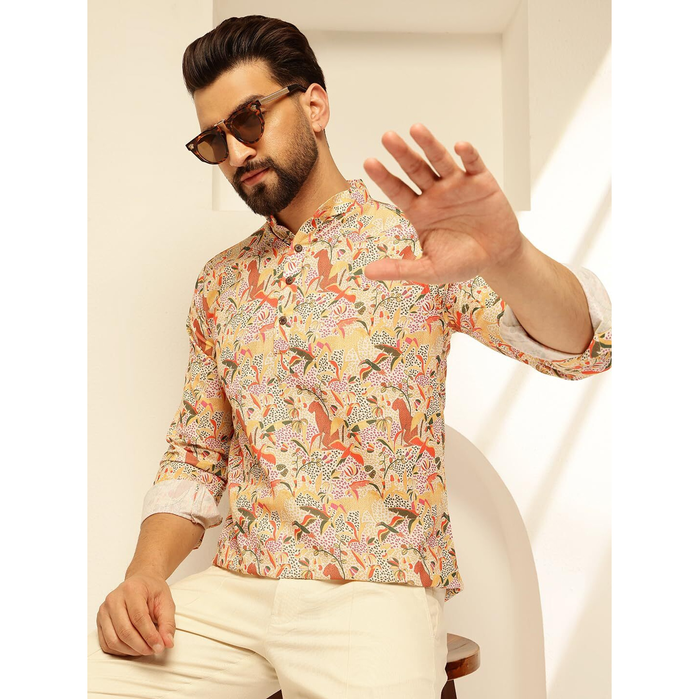 Sojanya (Since 1958 Men's Cotton Linen Kalamkari Printed Multi & Beige Only Short Kurta
