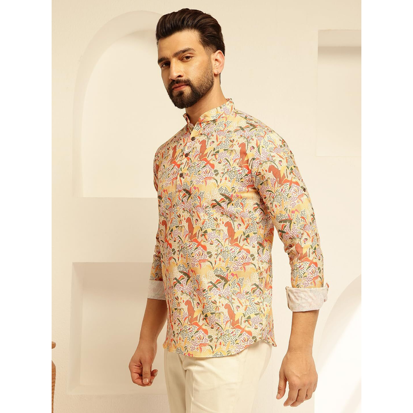 Sojanya (Since 1958 Men's Cotton Linen Kalamkari Printed Multi & Beige Only Short Kurta