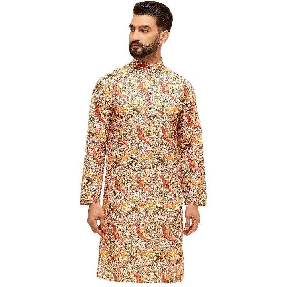 Sojanya (Since 1958 Men's Cotton Linen Kalamkari Printed Multi & Beige Only Long Kurta