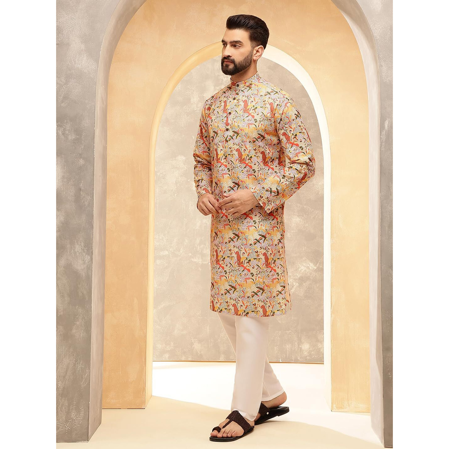 Sojanya (Since 1958 Men's Cotton Linen Kalamkari Printed Multi & Beige Only Long Kurta