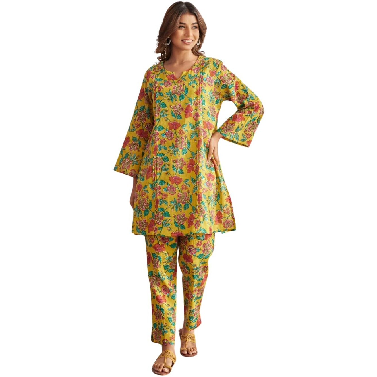 Nainvish Women's Mustard Floral Printed A-Line Cotton Blend V-Neck Co-Ord Set (Sd666_Kb-Xxl)