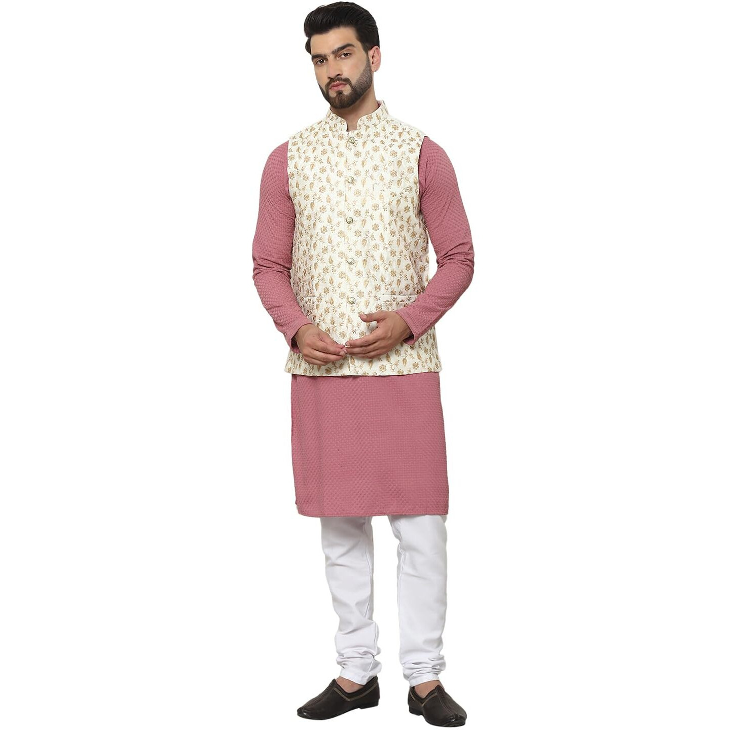 Sojanya (Since 1958 Men's Pure Cotton Coral Kurta And White Pyjama With Cream Embroidered Nehru Jacket