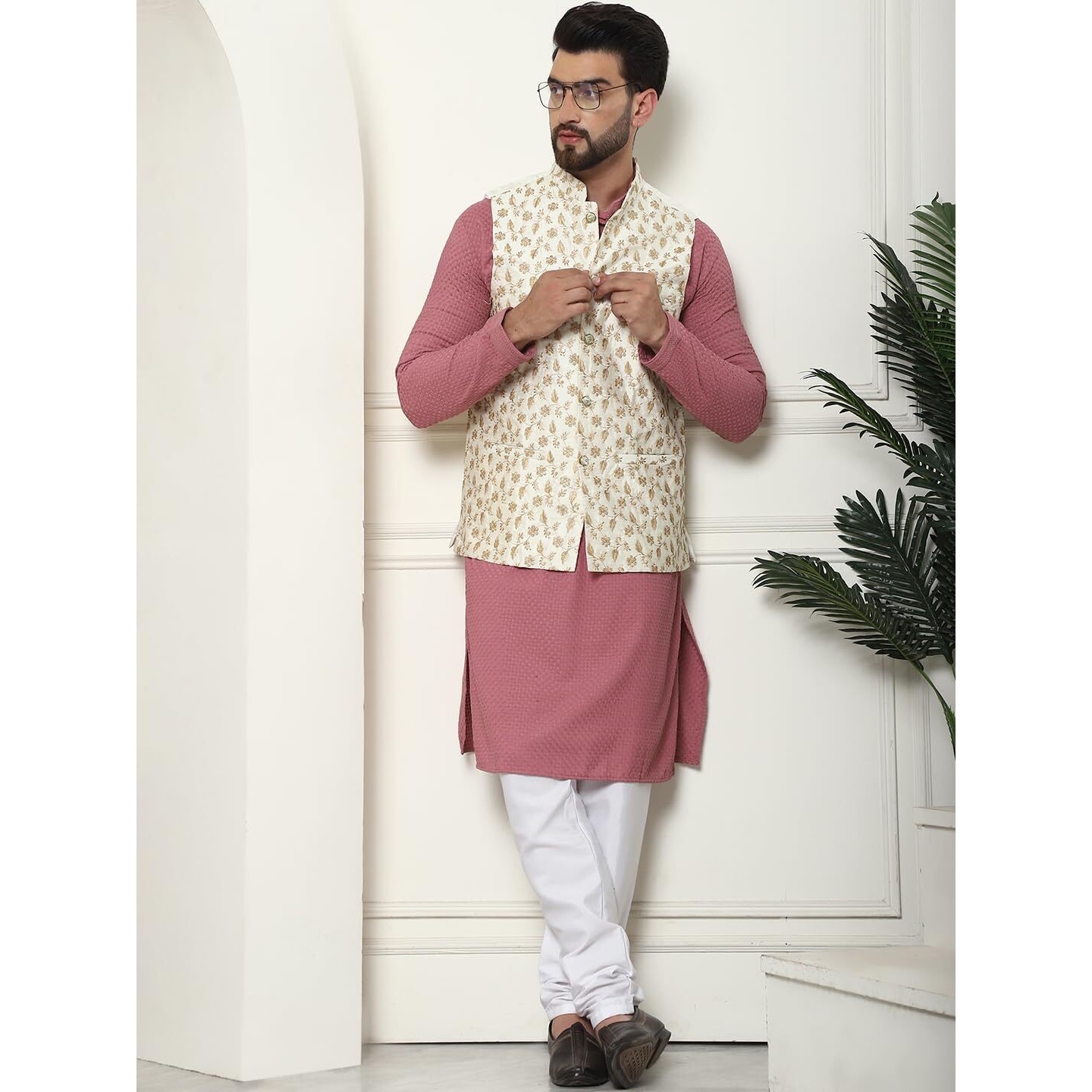 Sojanya (Since 1958 Men's Pure Cotton Coral Kurta And White Pyjama With Cream Embroidered Nehru Jacket