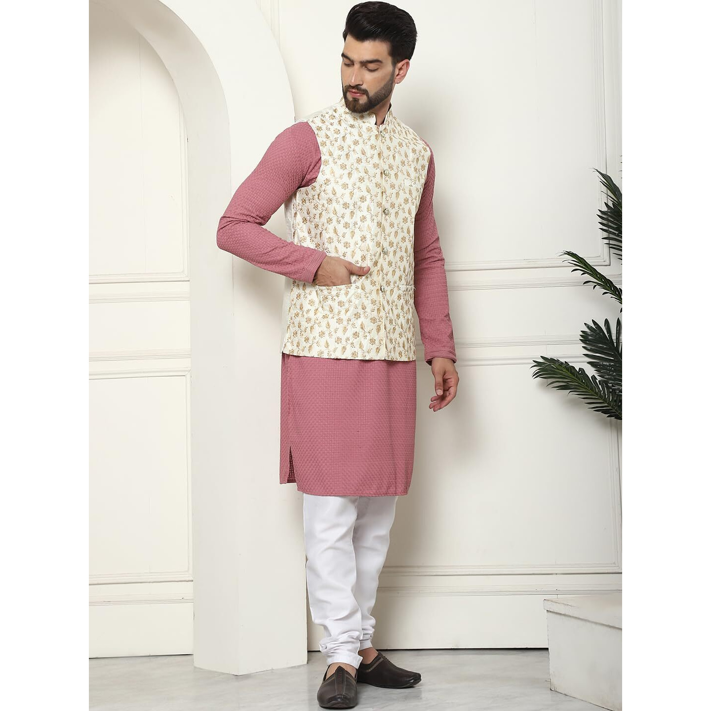 Sojanya (Since 1958 Men's Pure Cotton Coral Kurta And White Pyjama With Cream Embroidered Nehru Jacket