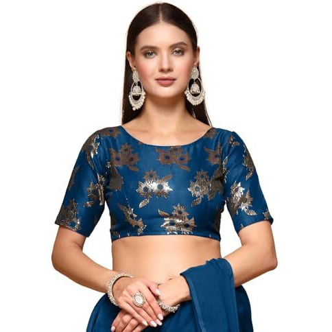 Oomph Women's Indian Ethnic Wear Designer Floral Pattern Zari Work Boat Neck Half Sleeve Teal Blue Color Brocade Readymade Blouse For Saree Or Lehnga And Fusion Twist. Xl
