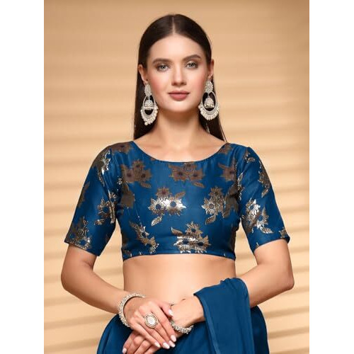 Oomph Women's Indian Ethnic Wear Designer Floral Pattern Zari Work Boat Neck Half Sleeve Teal Blue Color Brocade Readymade Blouse For Saree Or Lehnga And Fusion Twist. Xl