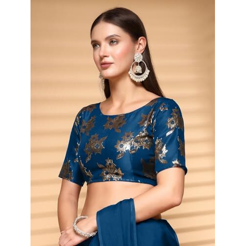 Oomph Women's Indian Ethnic Wear Designer Floral Pattern Zari Work Boat Neck Half Sleeve Teal Blue Color Brocade Readymade Blouse For Saree Or Lehnga And Fusion Twist. Xl