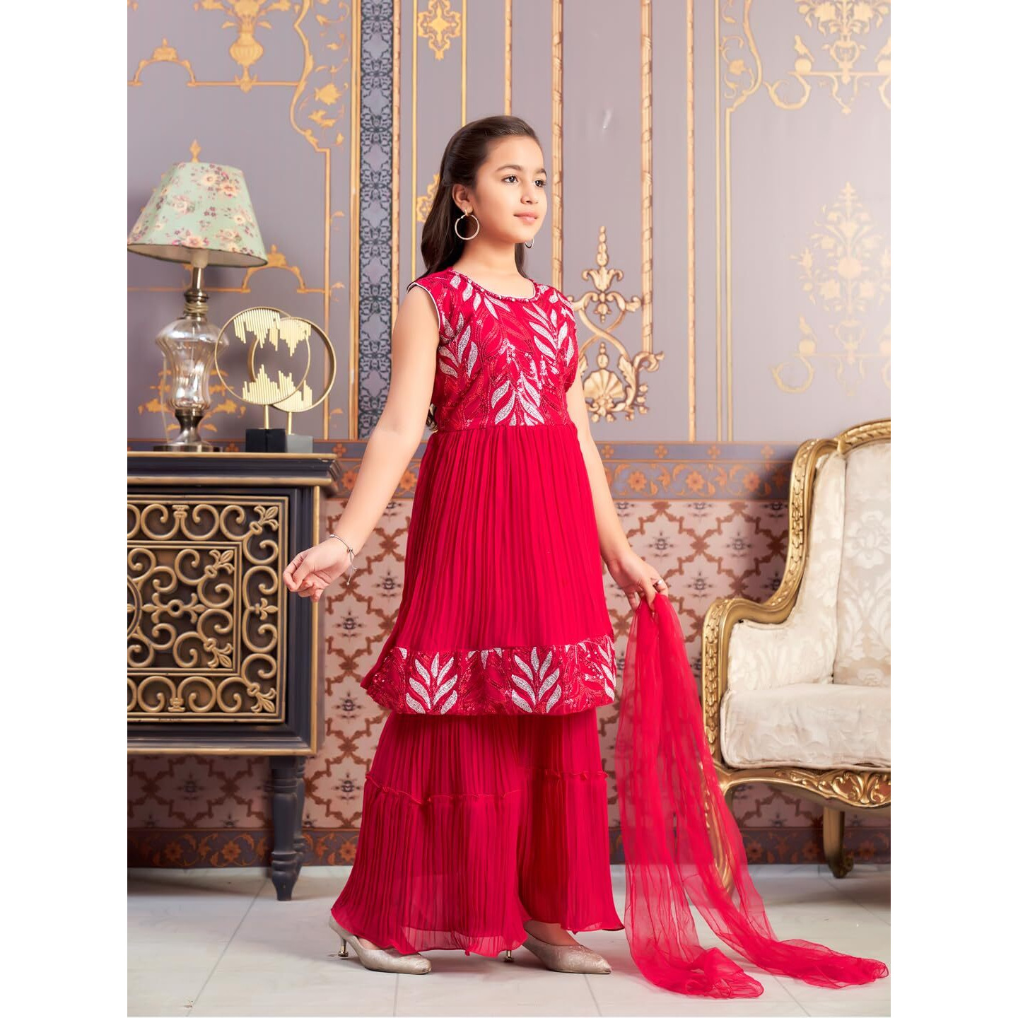 Aarika Girls Ethnic Wear Rani Colour Sequin Thread Embroidery Georgette Kurti Sharara Set (4-15 Years)