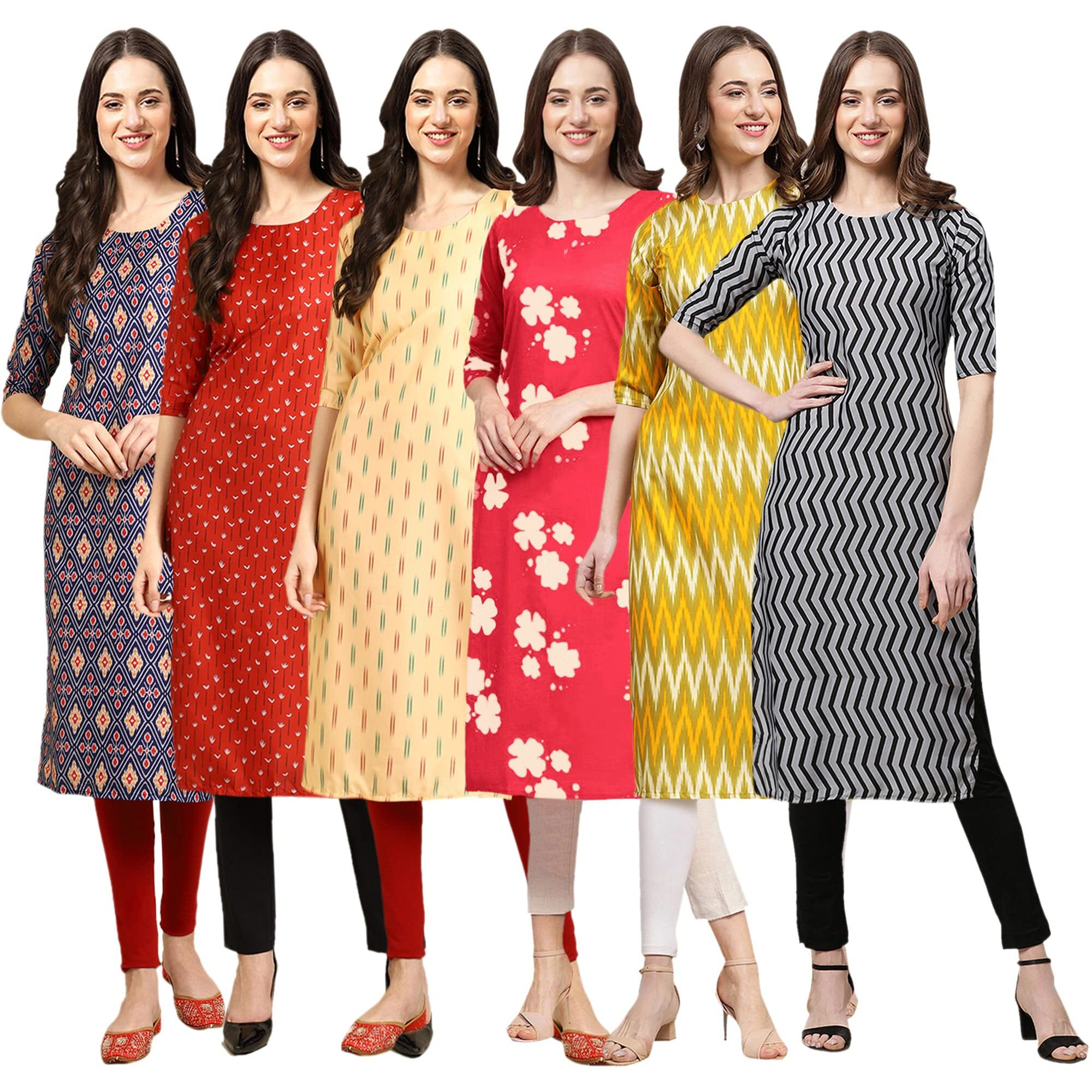 Pinkmint Women's Crepe Digital Print Straight Kurta(Pack Of 6)[Qv-358-370-360-380-329-336-S]