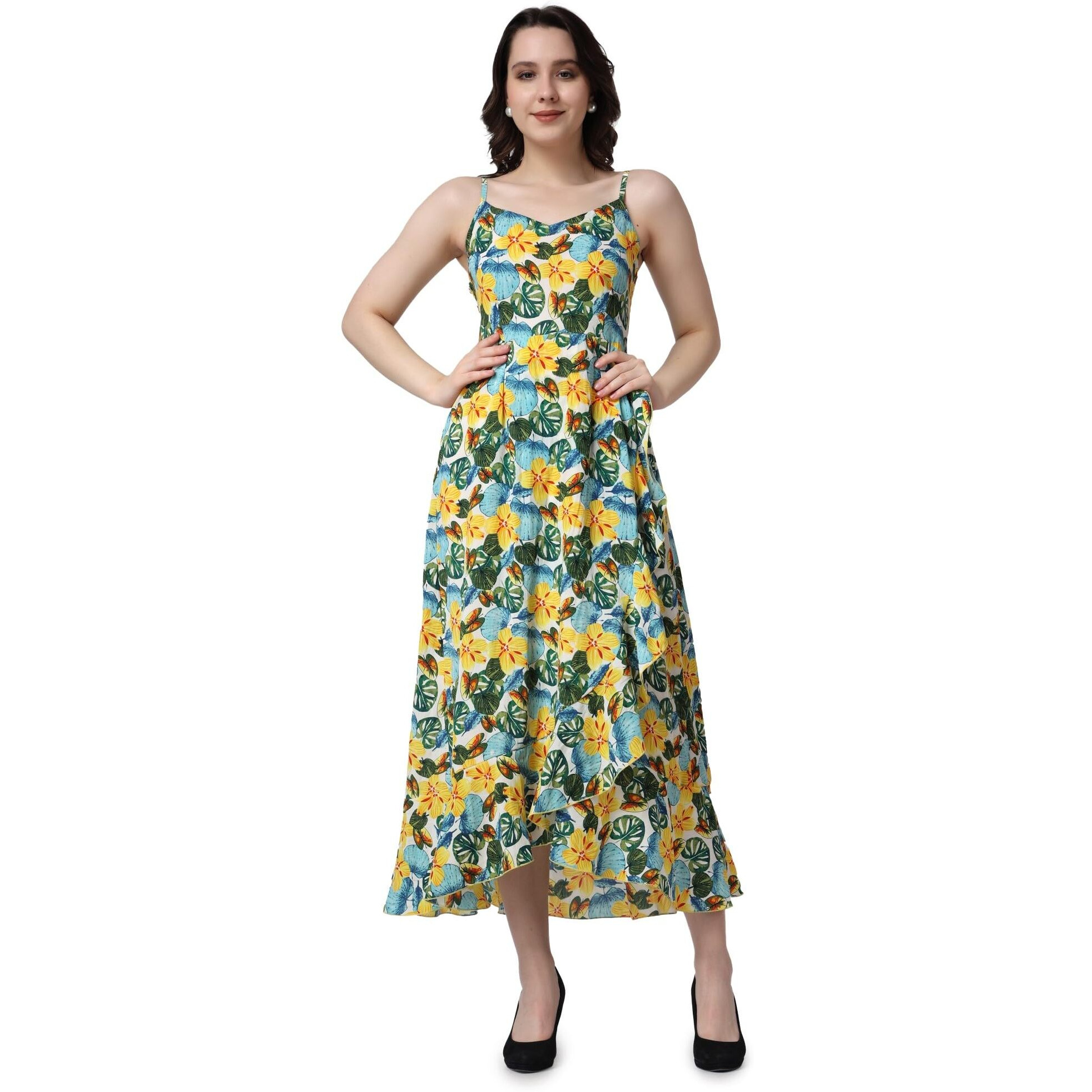 Popwings Floral Printed Maxi Length Fit And Flare Dress For Women || Summer Stylish Dress For Women Multicolour