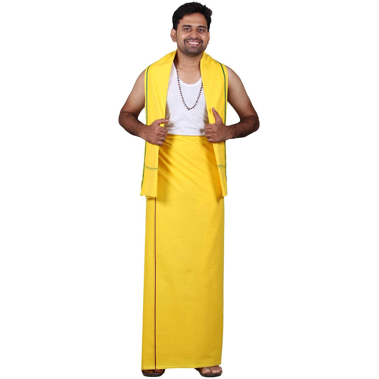 Prakasam Cotton Mens Colour Dhoti With Matching Towel (Roja Colour) / Colour Single Dhoti + Matching Towel (Colour  Yellow)