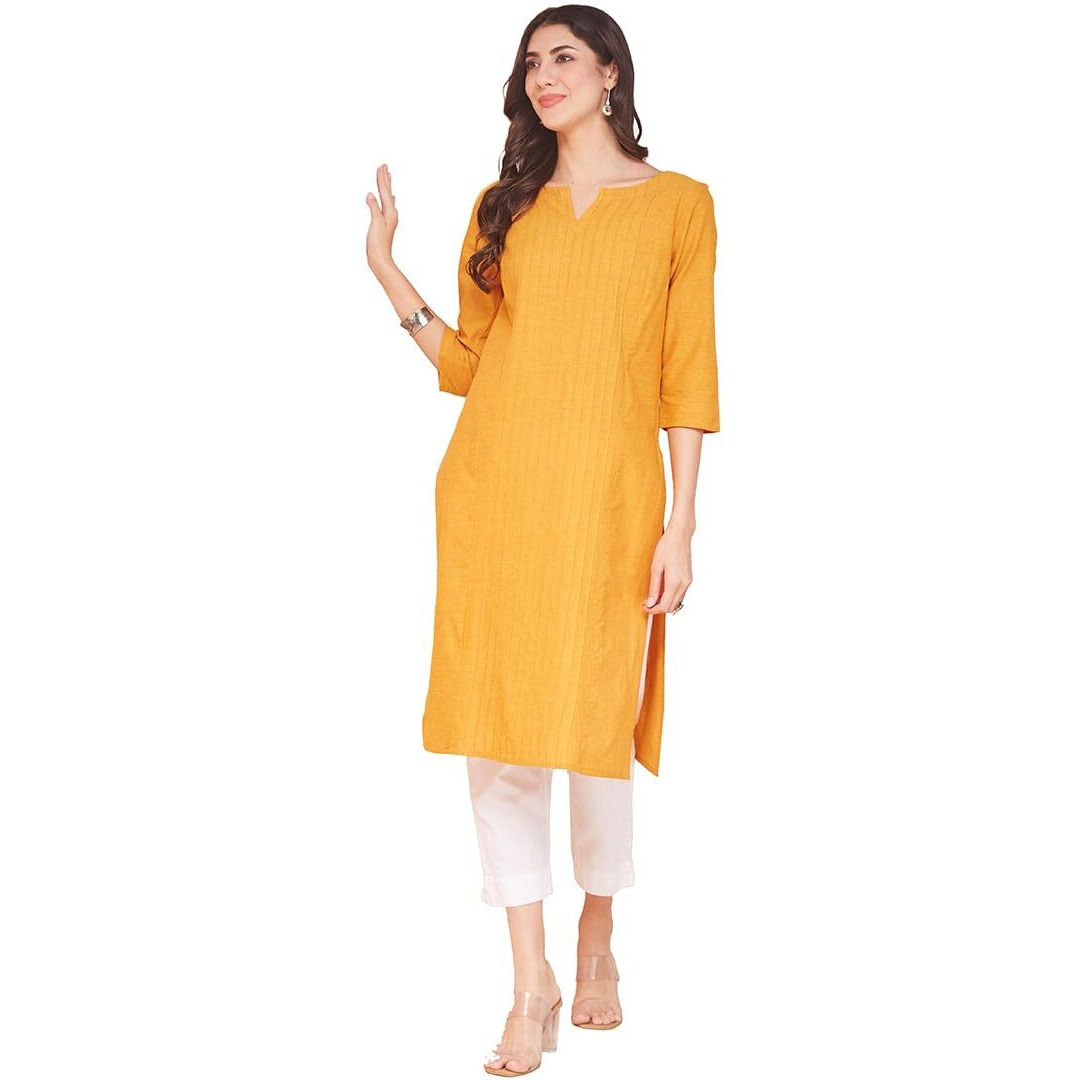 Fabindia Women's Cotton Solid Regular Kurta (1038013Mustard_Mustard