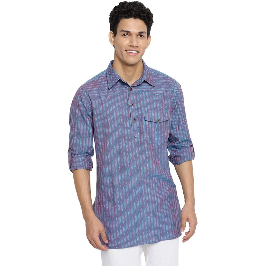 Fabindia Men Cotton Slim Fit Short Kurta Blue_M