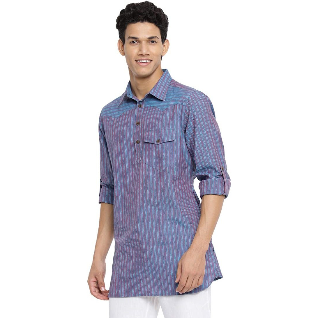 Fabindia Men Cotton Slim Fit Short Kurta Blue_M