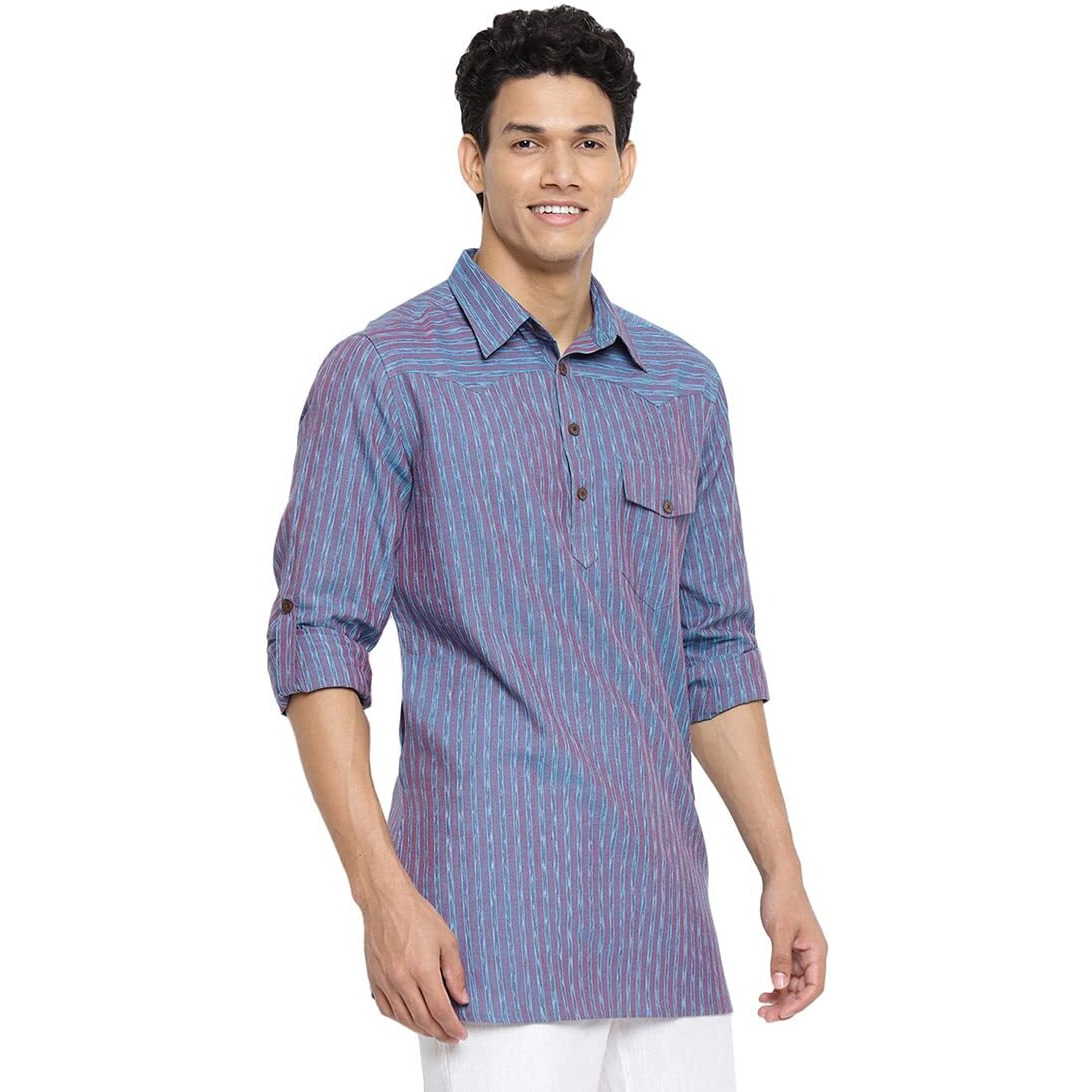 Fabindia Men Cotton Slim Fit Short Kurta Blue_M