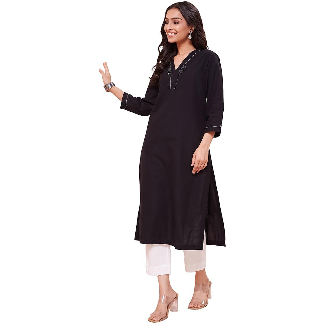 Fabindia Women's Cotton Solid Regular Long Kurta (1038243Black_Black