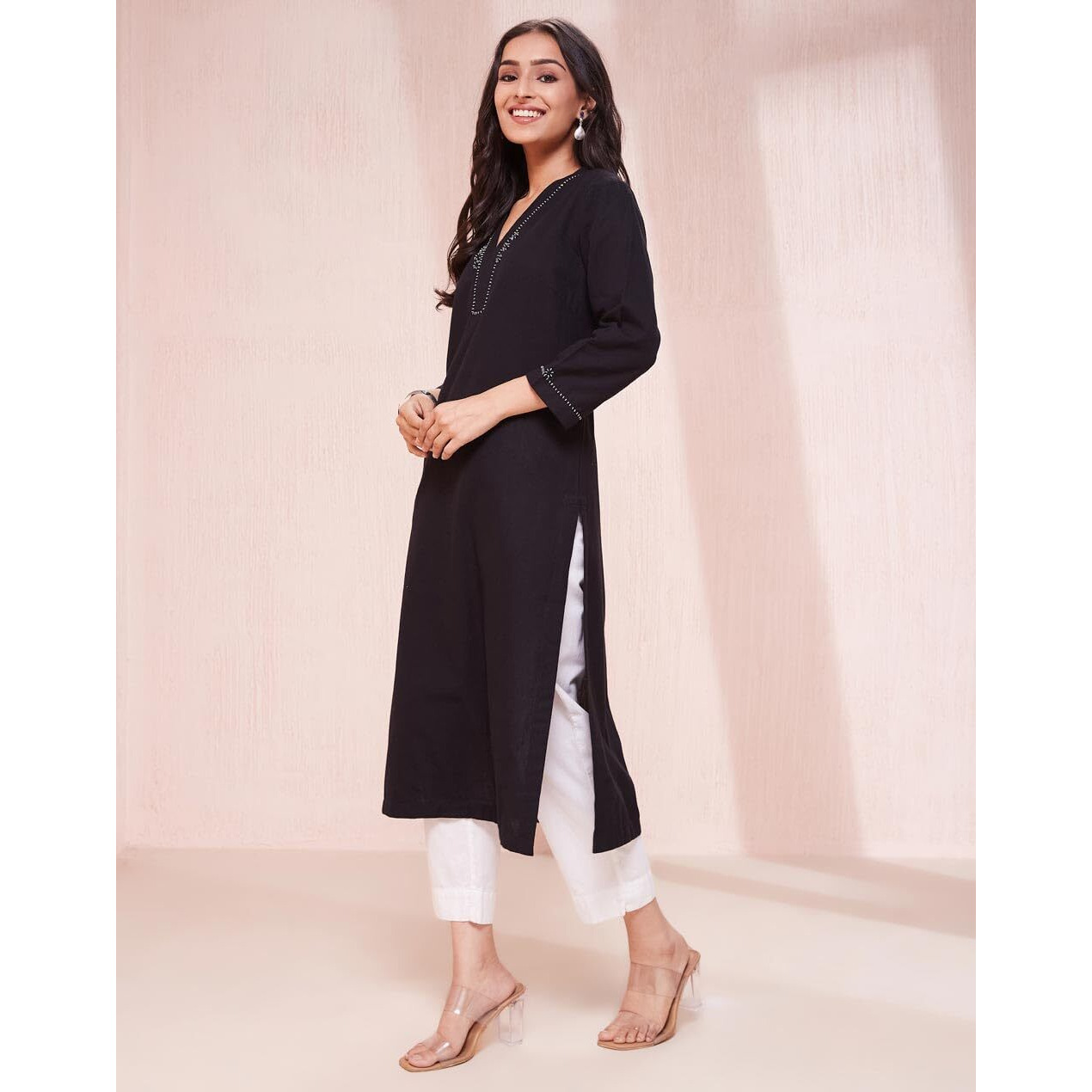 Fabindia Women's Cotton Solid Regular Long Kurta (1038243Black_Black