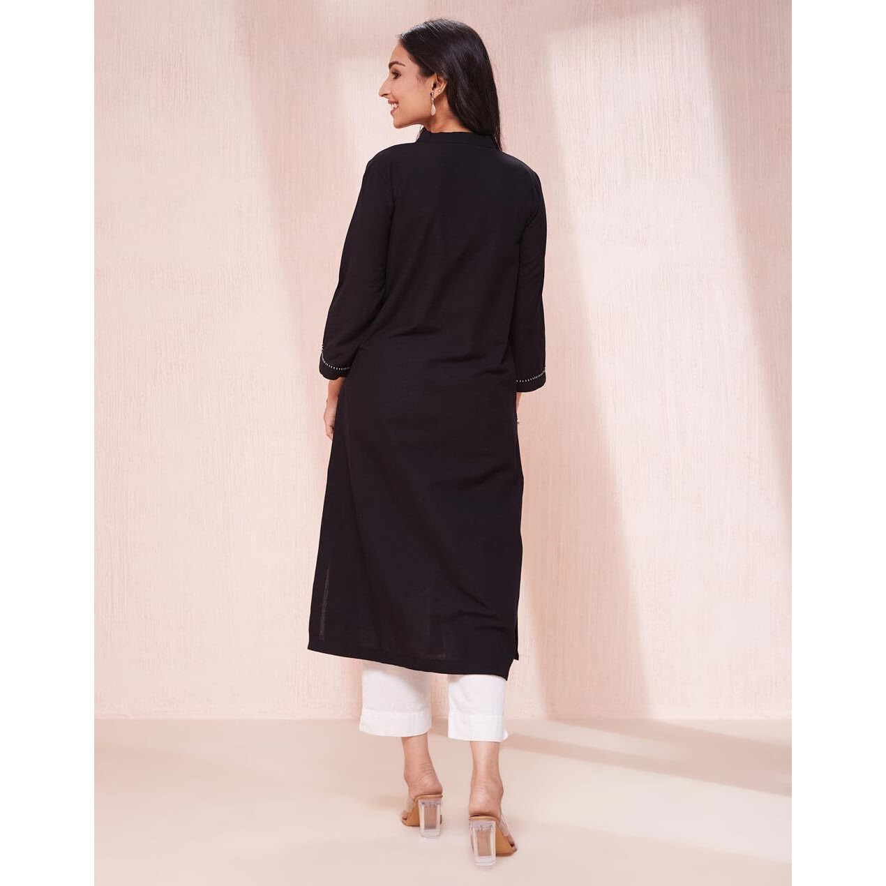 Fabindia Women's Cotton Solid Regular Long Kurta (1038243Black_Black