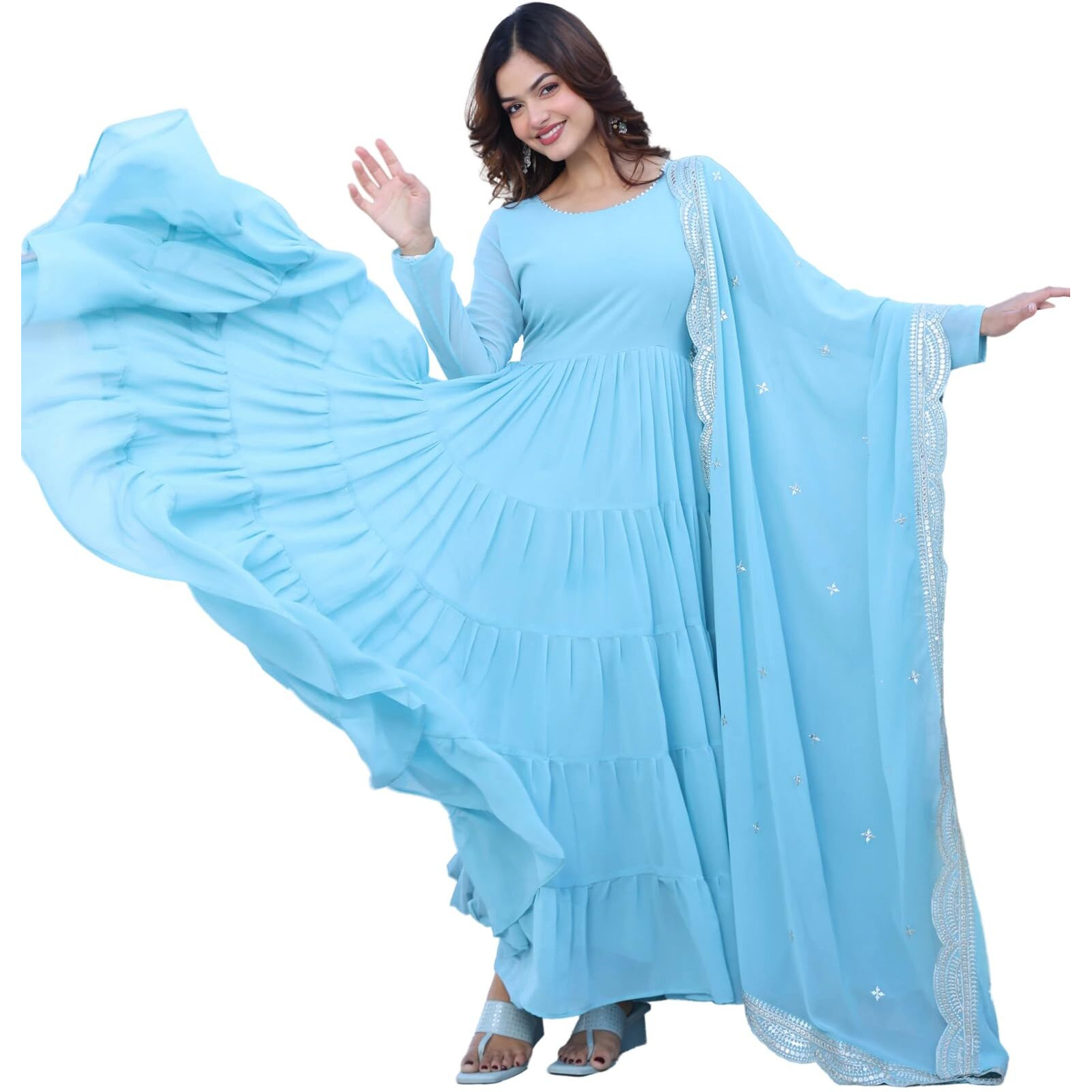 Fashion Basket Georgette Anarkali Kurta Set For Women Sky Blue