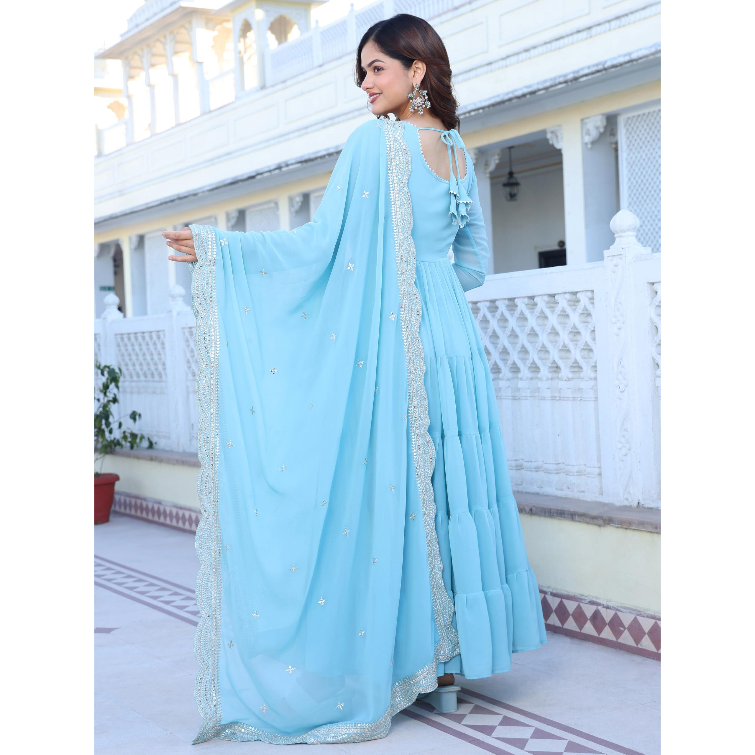 Fashion Basket Georgette Anarkali Kurta Set For Women Sky Blue