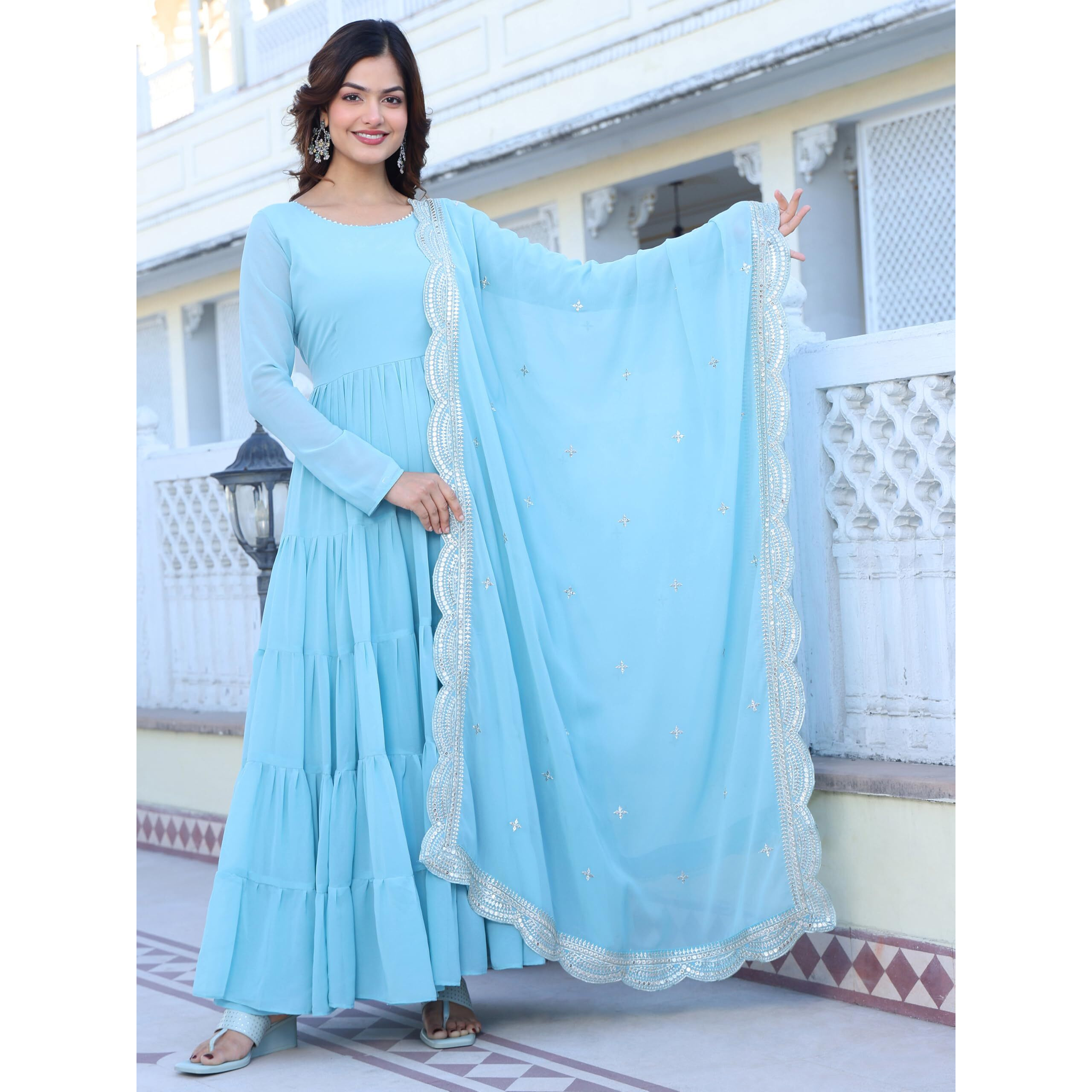 Fashion Basket Georgette Anarkali Kurta Set For Women Sky Blue
