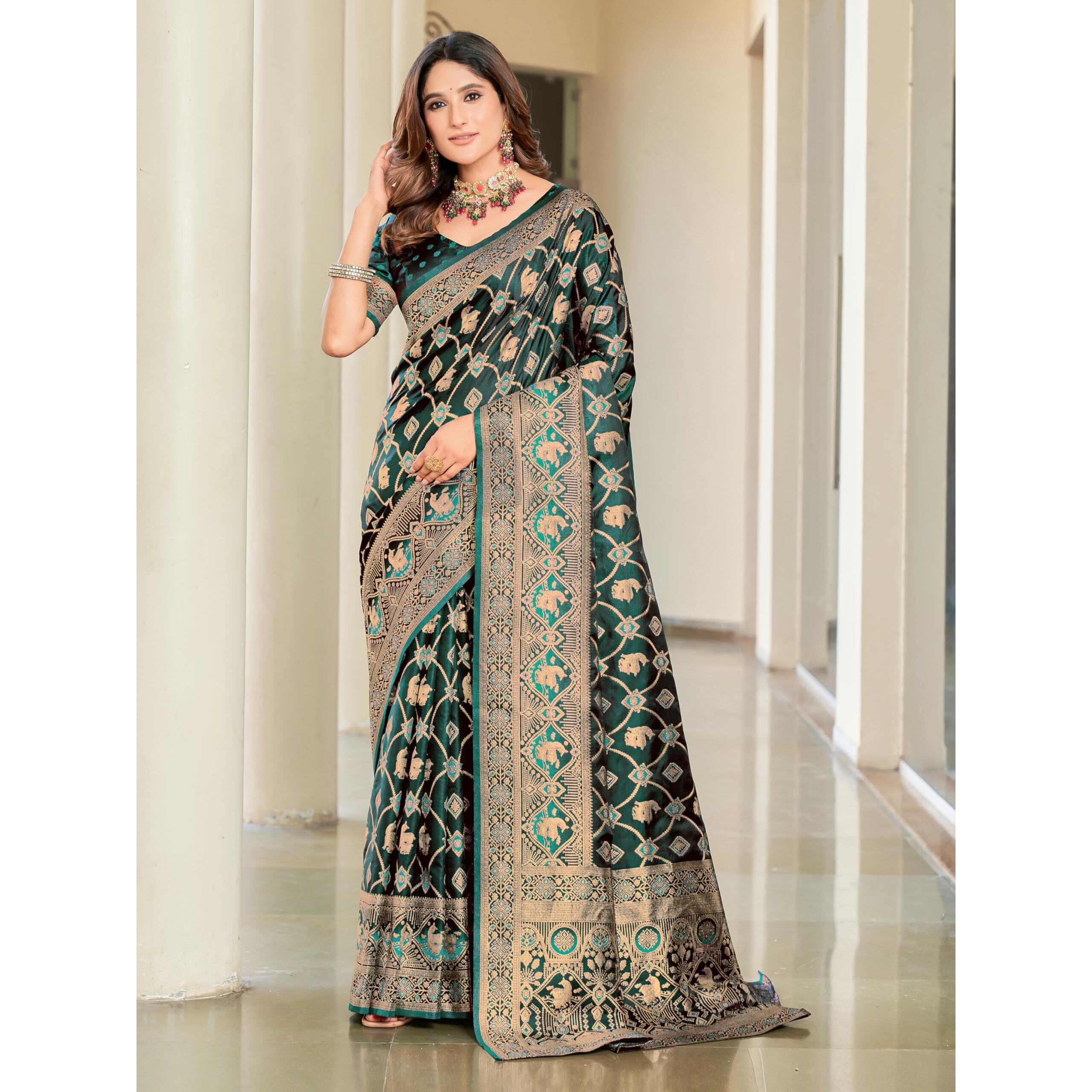 Glory Sarees Women's Pure Kanjivaram Soft Banarasi Original Satin Silk Saree Elegantly Crafted Graceful Wedding Design With Blouse Piece (Satin Silk102_Green)