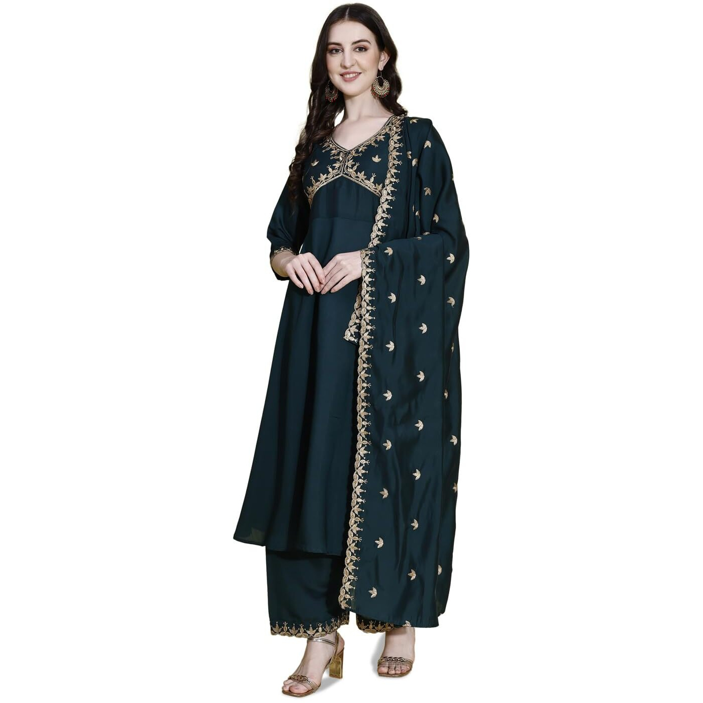 Pratham Blue Kurta Set For Women Silk Embroidered Anarkali Kurta Set For Women With Palazzos And Dupatta (Pb-6165-S_Green)