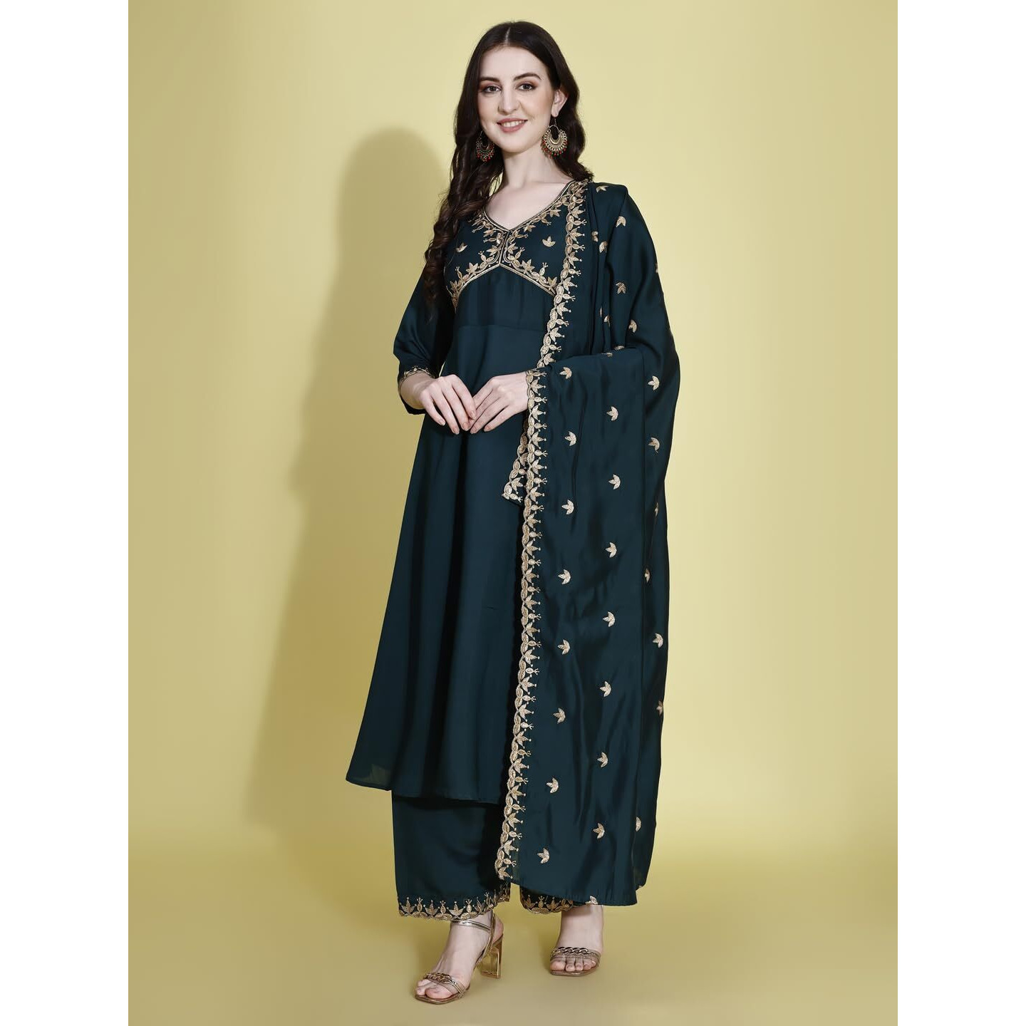 Pratham Blue Kurta Set For Women Silk Embroidered Anarkali Kurta Set For Women With Palazzos And Dupatta (Pb-6165-S_Green)