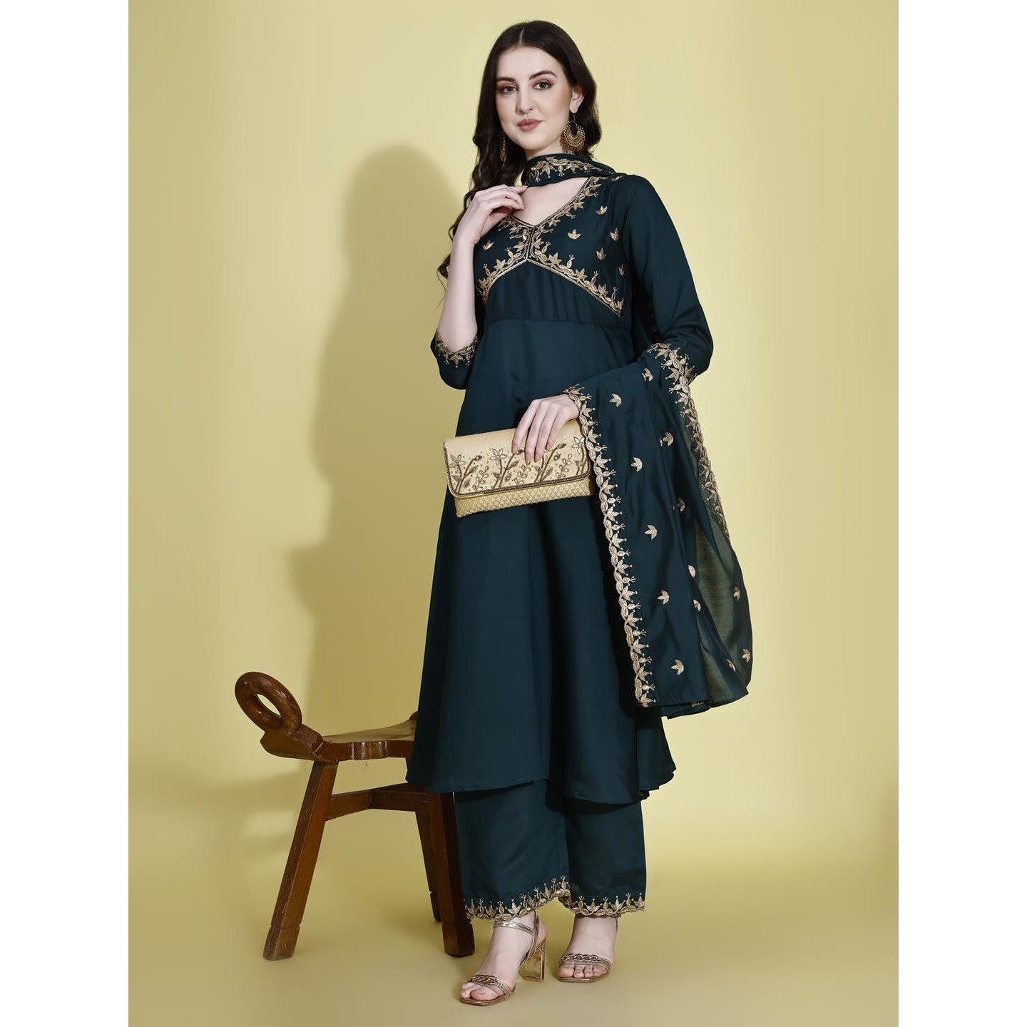 Pratham Blue Kurta Set For Women Silk Embroidered Anarkali Kurta Set For Women With Palazzos And Dupatta (Pb-6165-S_Green)
