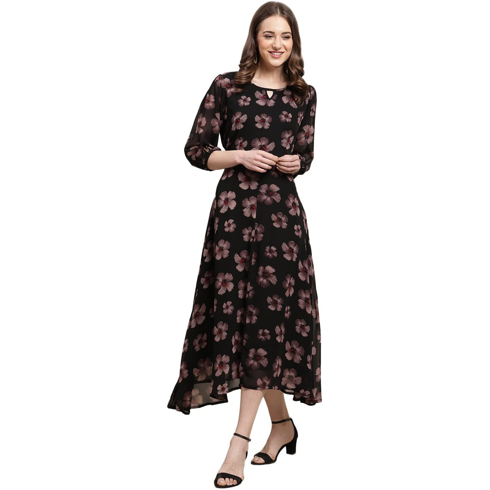 Preneum Women's Maxi Fit & Flare Latest Style Print Georgette Regular Sleeves Casual Summer Maxi Dress || Festival & Occasion, Jet Black, Xl