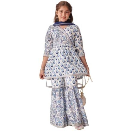 Pspeaches Girl's Cotton Sharara Set (Sha-Bluebootijaal-5-6Y_Blue