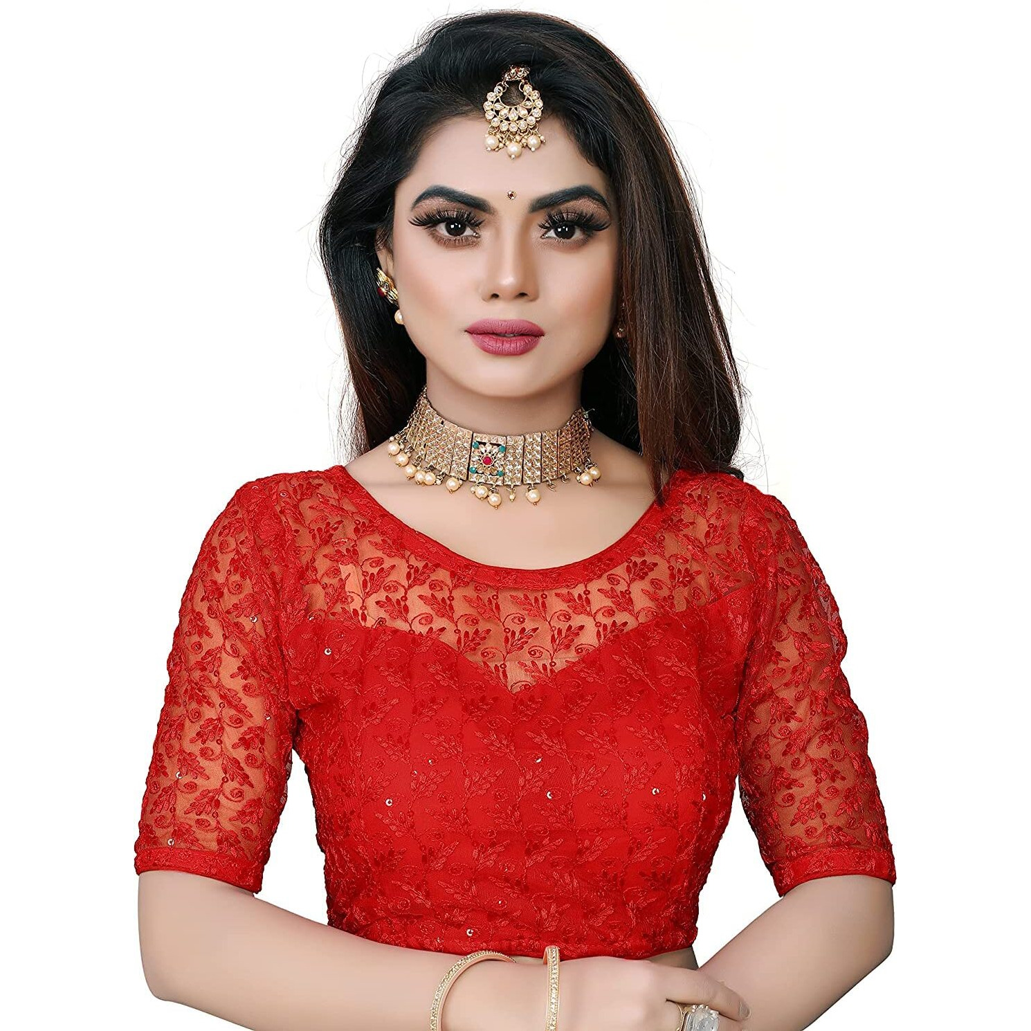 Pujia Mills Women's Shipali Net Work Half Sleeves Blouse (Shipli Patti_Red_38)