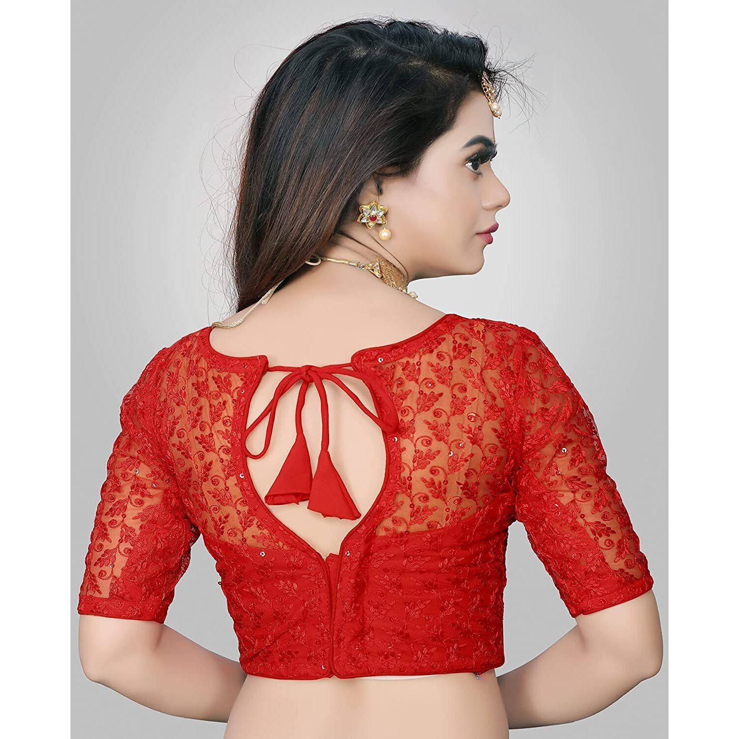 Pujia Mills Women's Shipali Net Work Half Sleeves Blouse (Shipli Patti_Red_38)