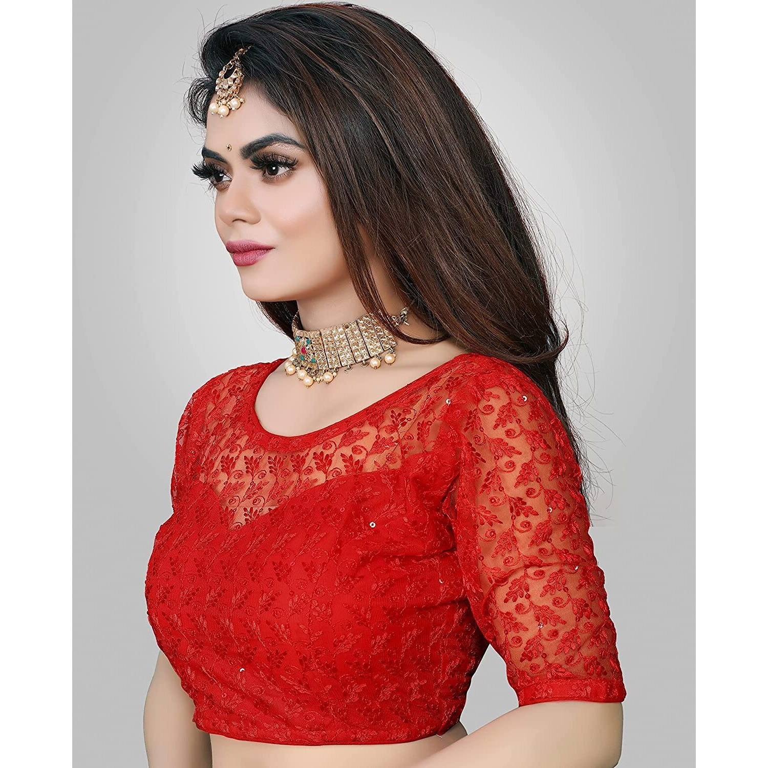 Pujia Mills Women's Shipali Net Work Half Sleeves Blouse (Shipli Patti_Red_38)