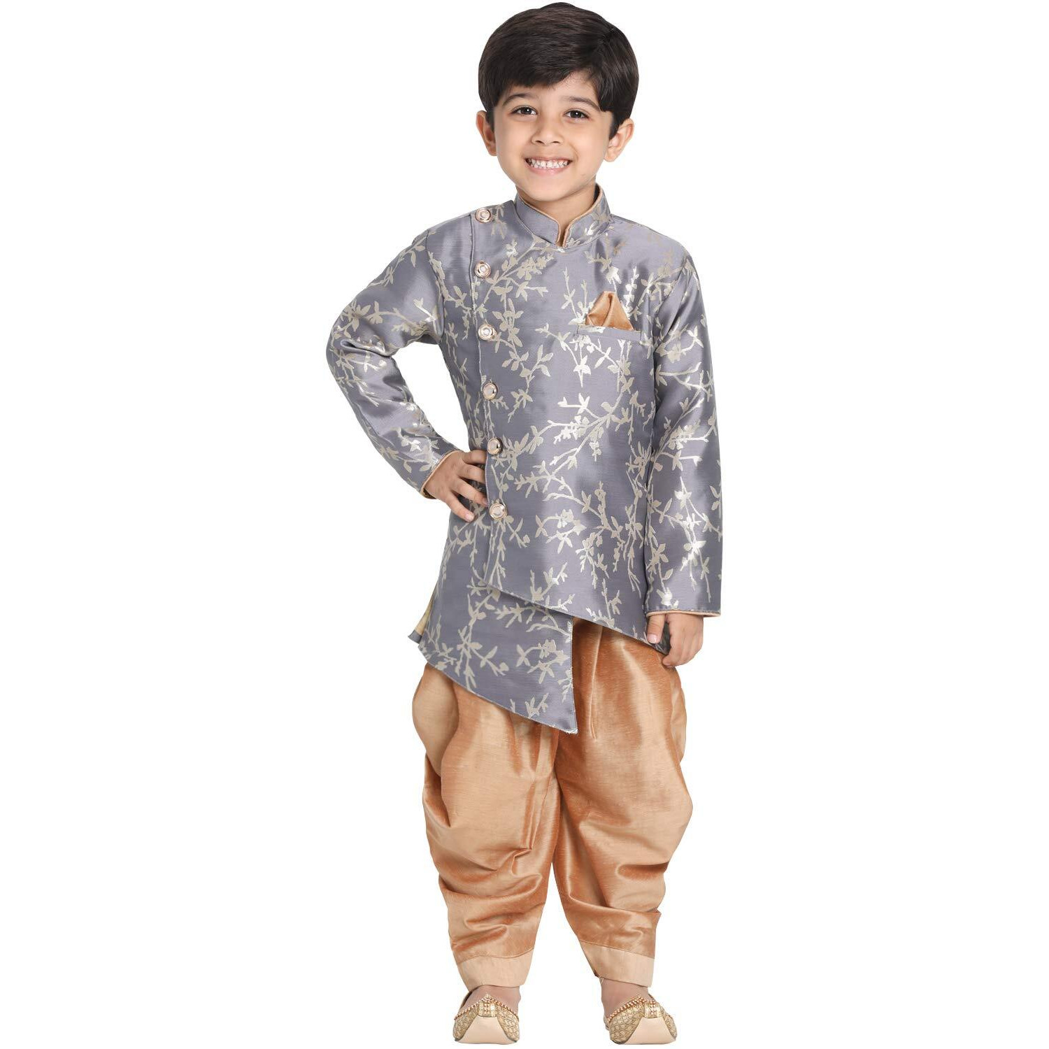 Jbn Creation Boys' Pewter Grey And Rose Gold Silk Blend Sherwani And Dhoti Pant Set (Jbnbiw015Gyncdrg, For 2-3 Years)