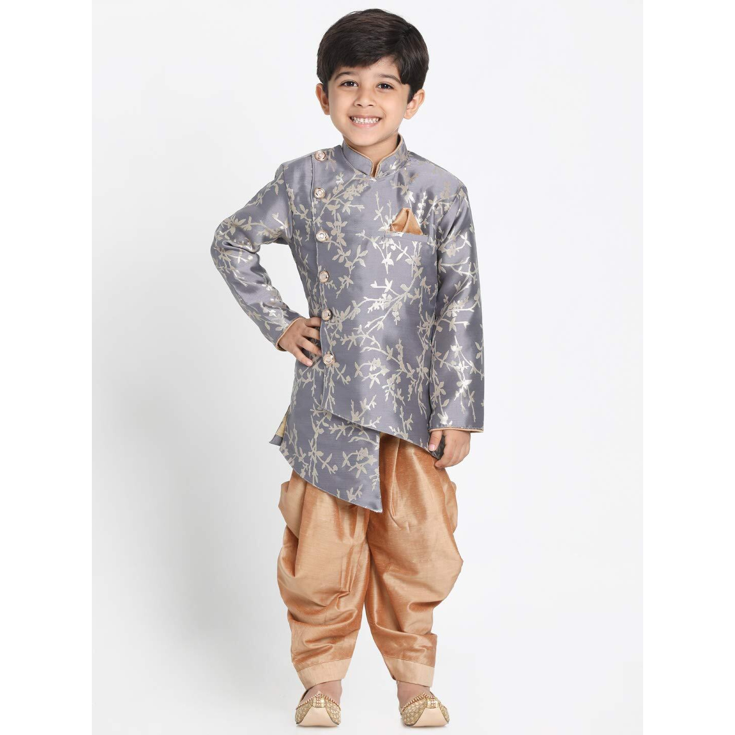 Jbn Creation Boys' Pewter Grey And Rose Gold Silk Blend Sherwani And Dhoti Pant Set (Jbnbiw015Gyncdrg, For 2-3 Years)