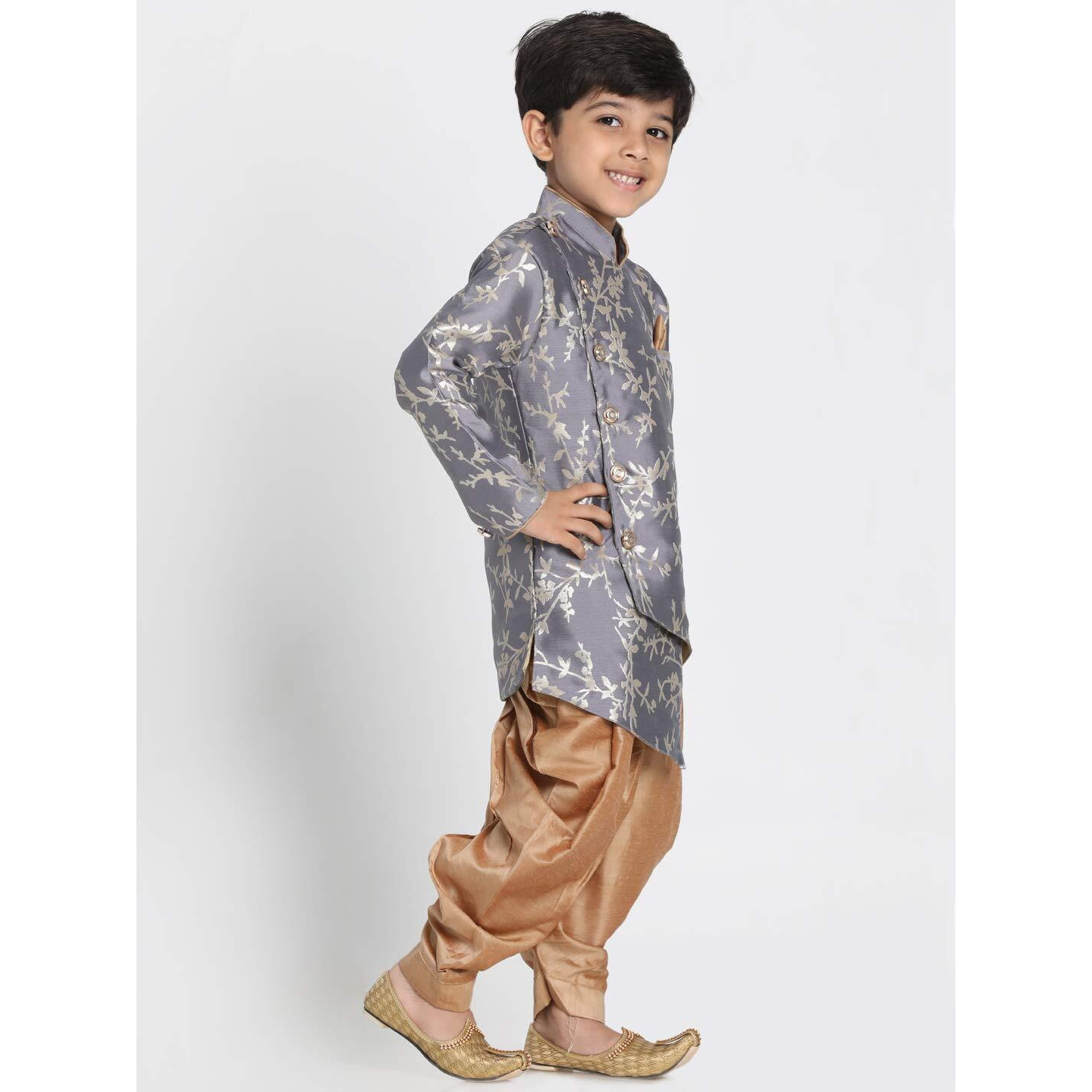 Jbn Creation Boys' Pewter Grey And Rose Gold Silk Blend Sherwani And Dhoti Pant Set (Jbnbiw015Gyncdrg, For 2-3 Years)