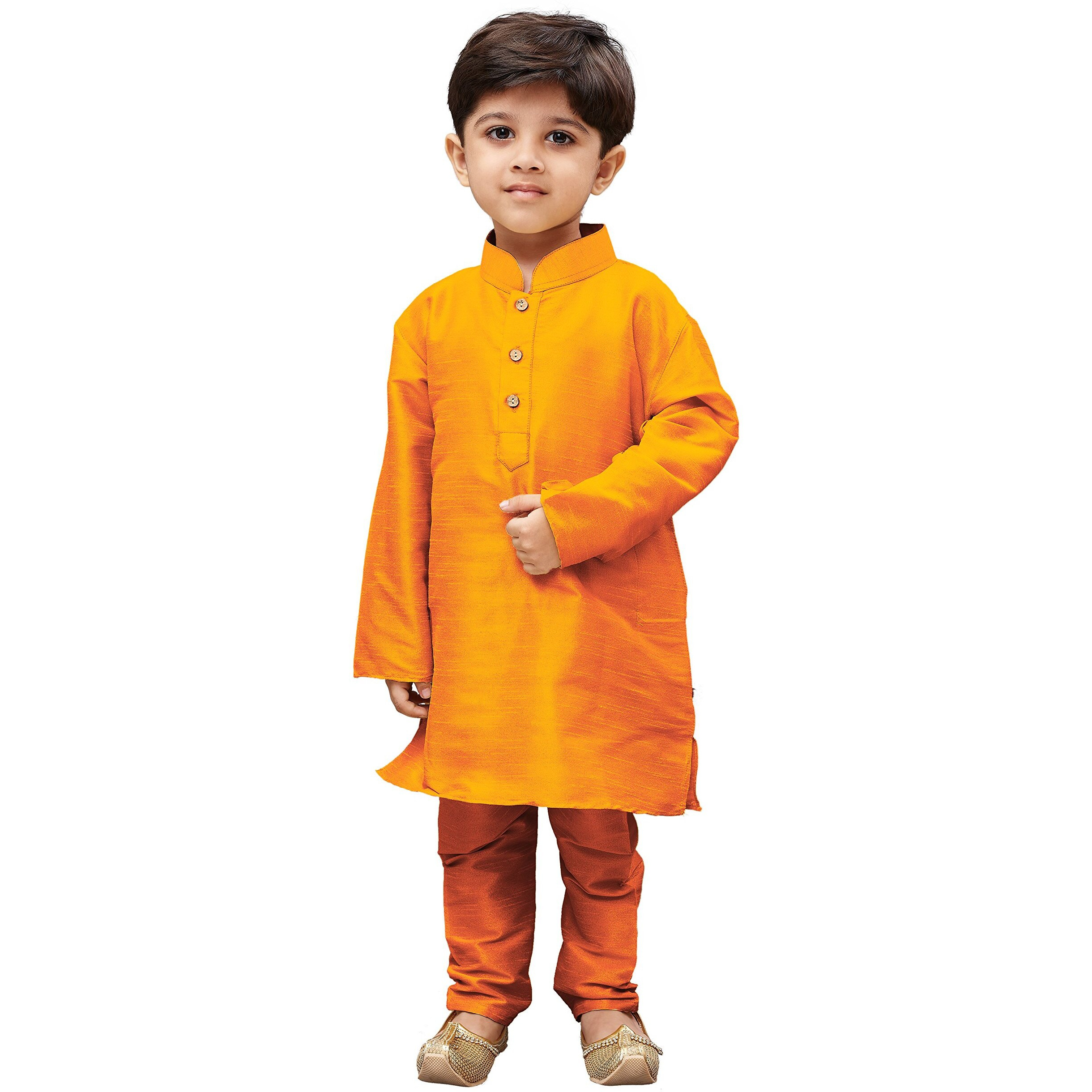 Jbn Creation Boys' Saffron Silk Blend Kurta And Pyjama Set