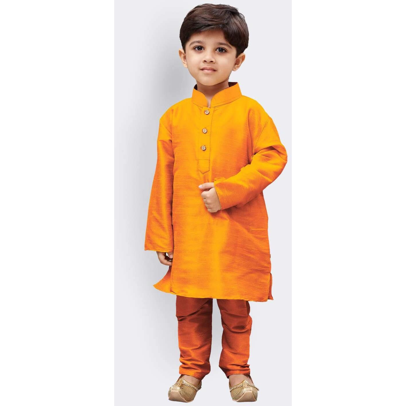 Jbn Creation Boys' Saffron Silk Blend Kurta And Pyjama Set