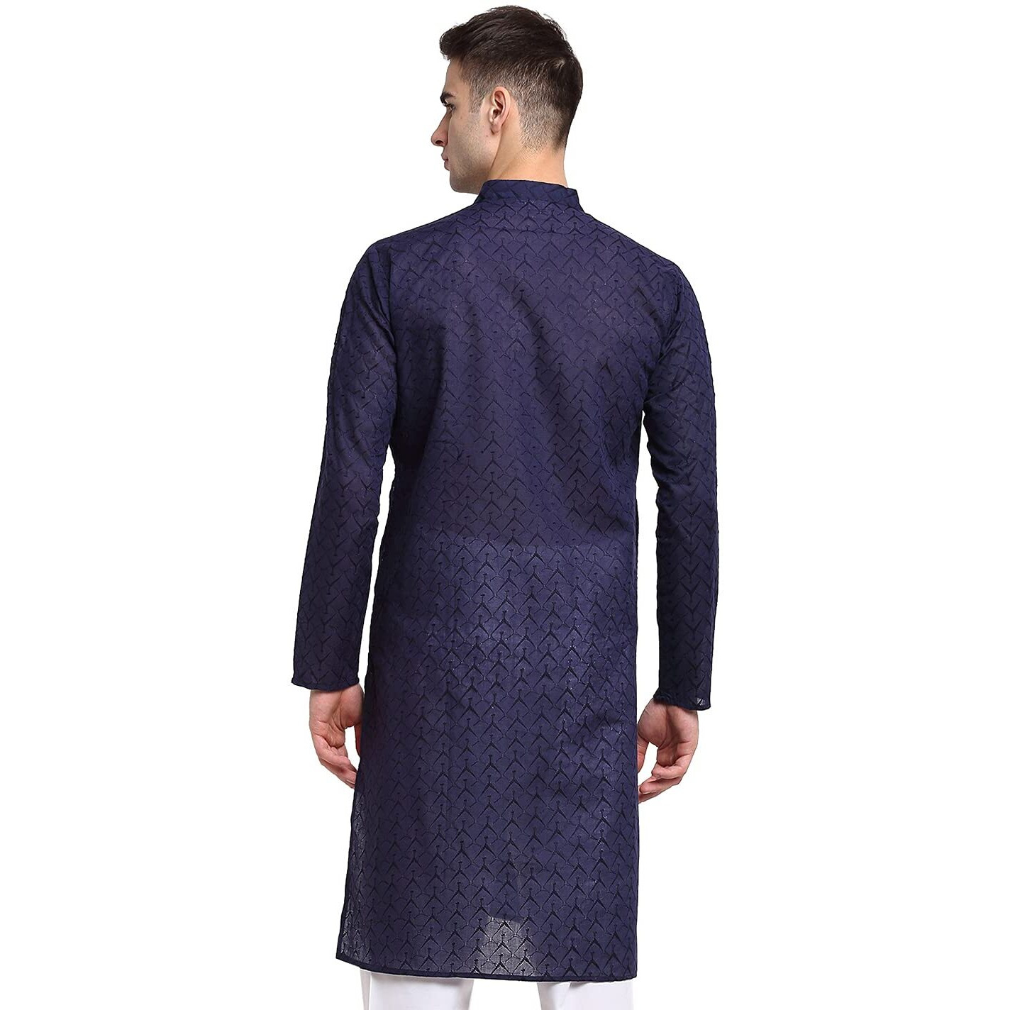 Jompers Men Navy Blue & White Self Design Kurta (Navy, S)