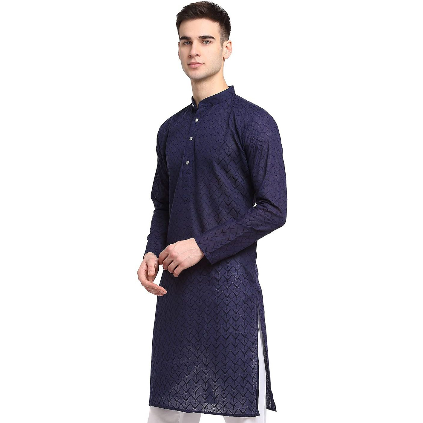 Jompers Men Navy Blue & White Self Design Kurta (Navy, S)