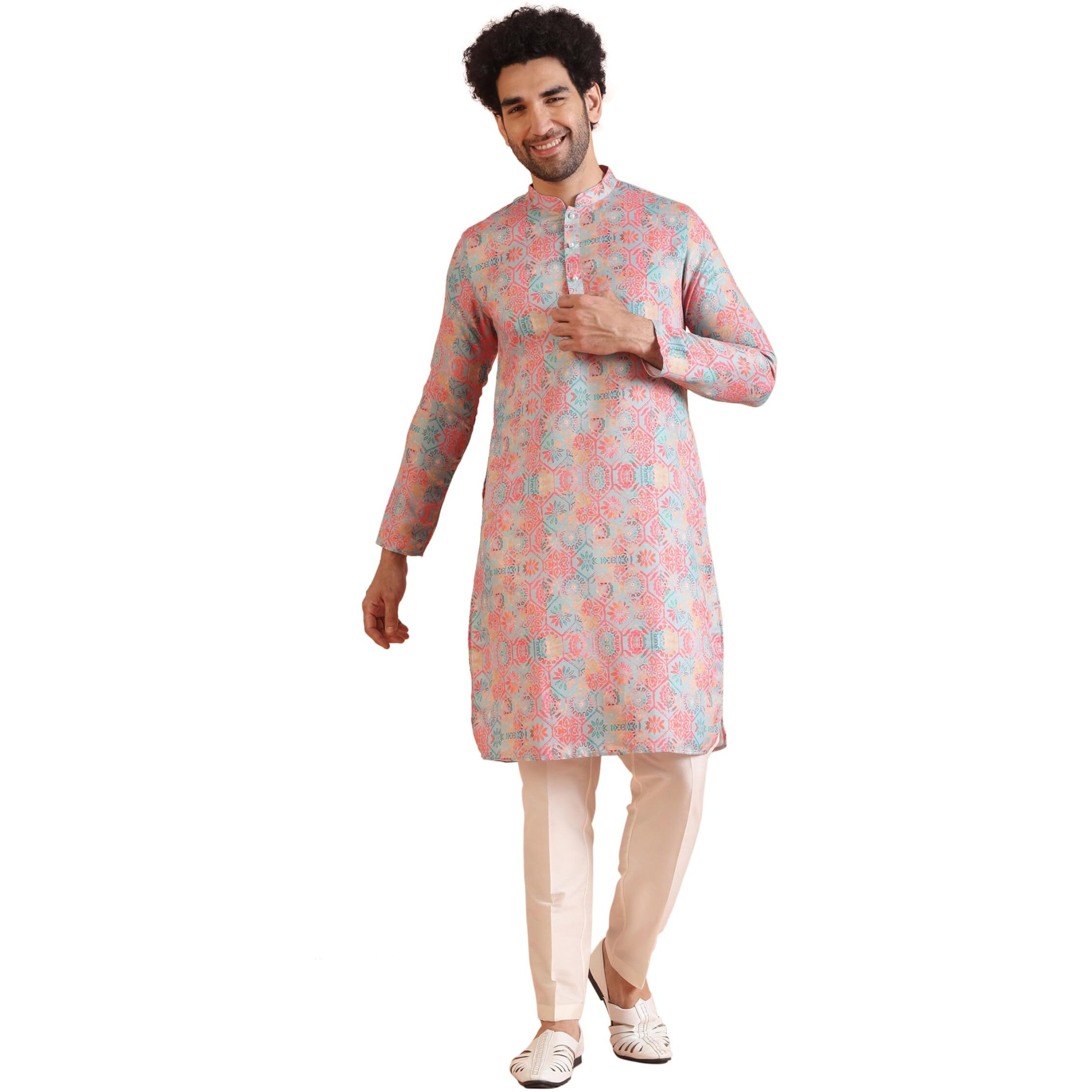 Kisah Men's Kurta Trouser Set, Multi Cotton Blend, Printed Regular Fit Mandarin Collar Long Sleeves (Medium) Multicolour