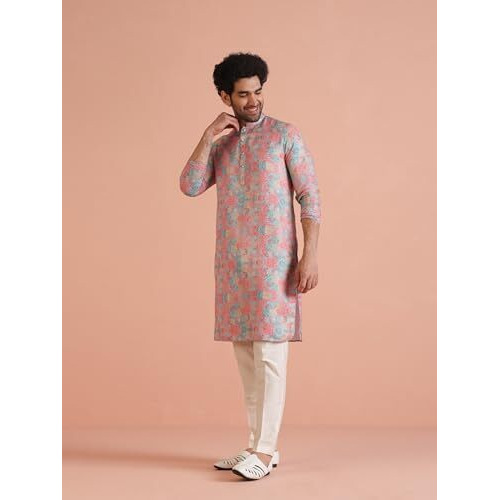 Kisah Men's Kurta Trouser Set, Multi Cotton Blend, Printed Regular Fit Mandarin Collar Long Sleeves (Medium) Multicolour