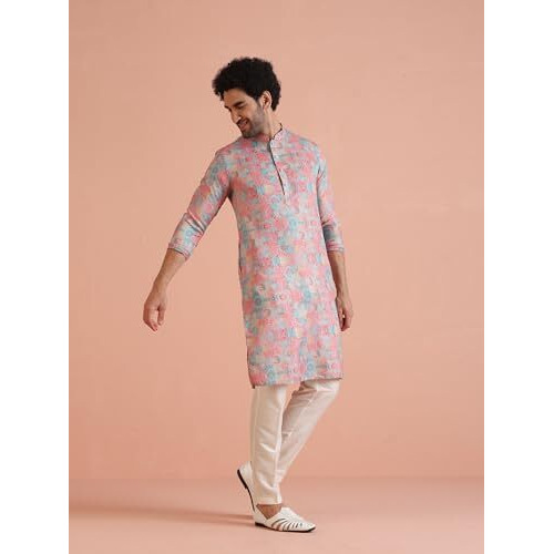 Kisah Men's Kurta Trouser Set, Multi Cotton Blend, Printed Regular Fit Mandarin Collar Long Sleeves (Medium) Multicolour