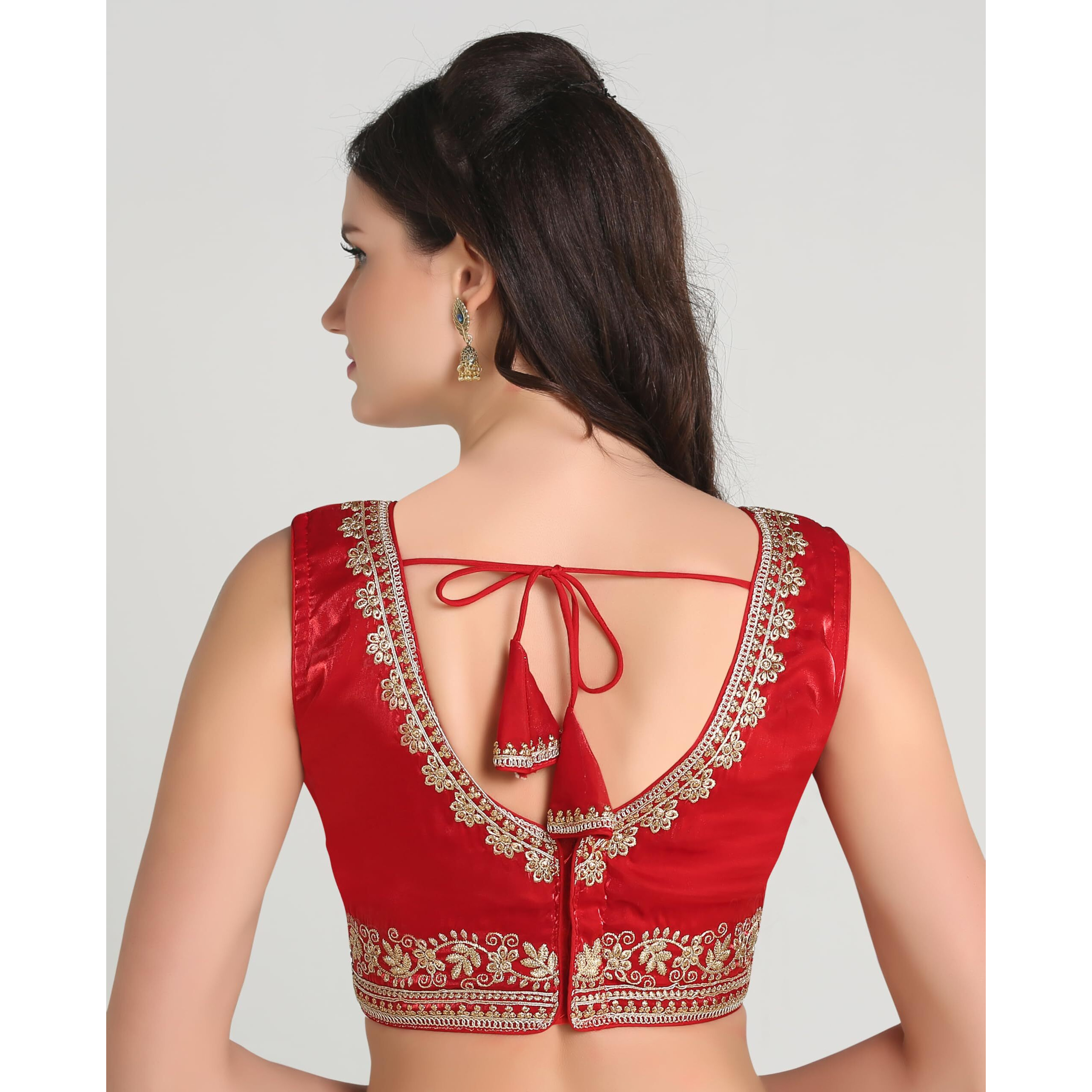 Pujia Mills Women's Sequin Embroidered V Neck Sleeveless Readymade Saree Blouse Indian Ethnic Designer Stitched Readymade Saree Blouse Sleeveless Blouse Readymade Blouse For Women (Red, 34)